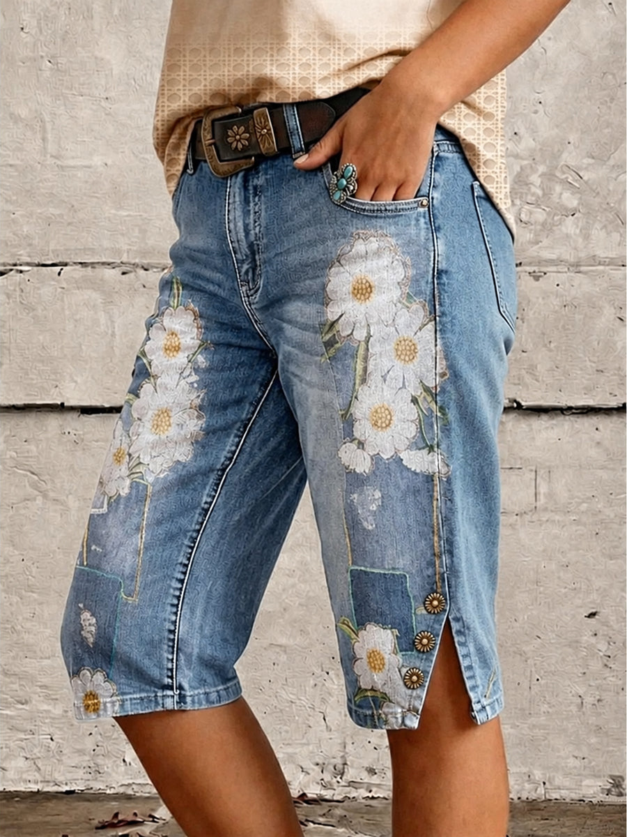 Retro Style Floral Art Print Vintage Casual Denim Shorts